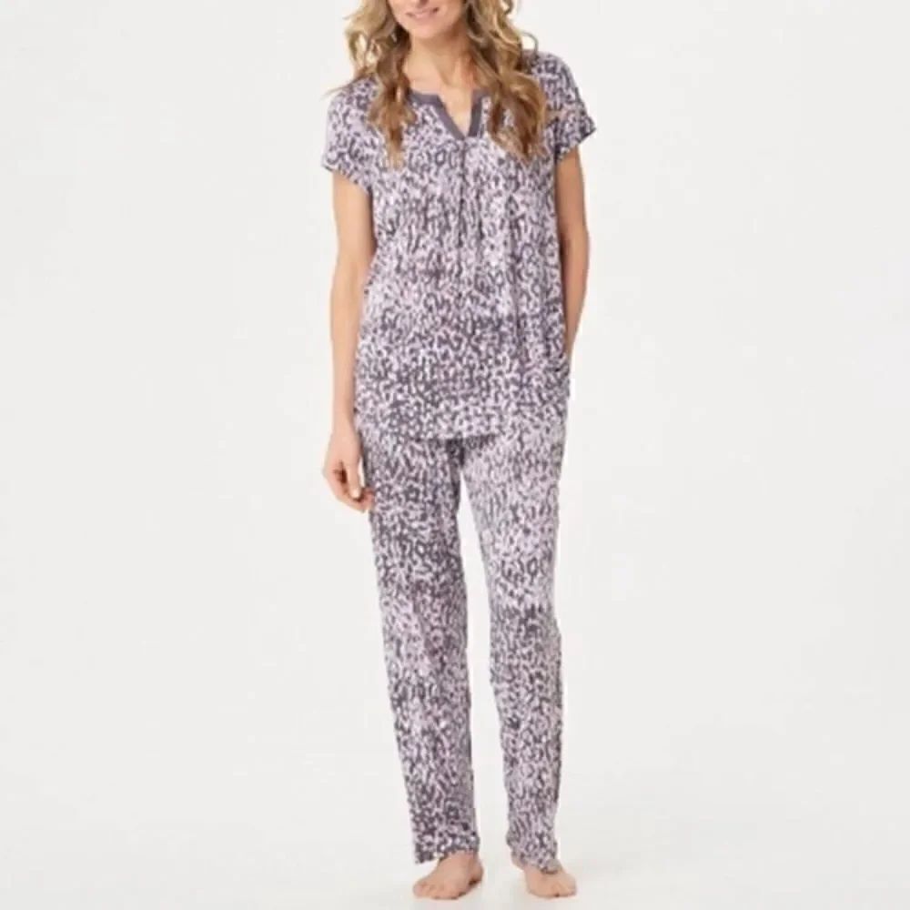 Carole Hochman Satin Trim 2-piece Short Sleeve Top & Bottoms Blue Pajama Set